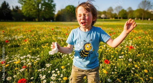 Young boy sneezing in a vibrant field of wildflowers on a sunny day.