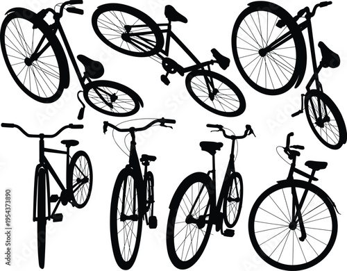 Hand drawn bicycle sketch set with multiple perspectives, artistic bike illustration collection, cycling concept, black outline design, isolated creative transportation artwork