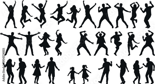 Dancing people silhouettes set, men women and children jumping and moving poses, black isolated figures, party celebration energy, modern vector illustrationDancing people silhouettes set, men women a