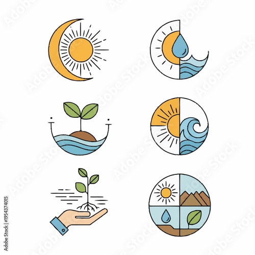 Set of six circular nature and growth icons.