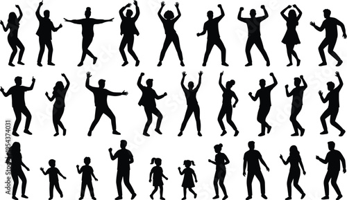 Dancing silhouettes collection, men women and children in dynamic poses, black isolated figures set, party celebration movement, modern vector illustration design