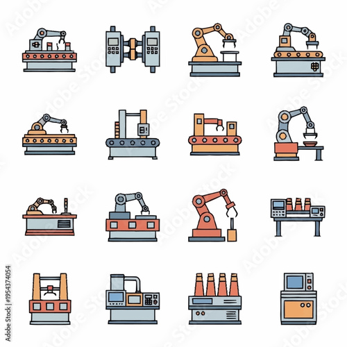 Set of Industrial Robotic Arms and Manufacturing Machines Icons.