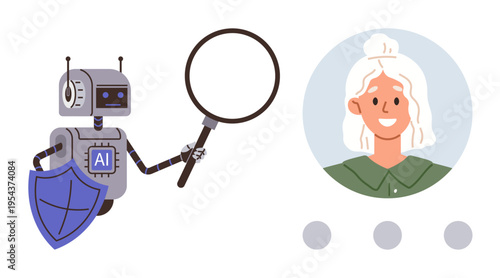 Artificial intelligence, cybersecurity, user identity, online verification, data protection, AI usage. Robot holding magnifying glass inspecting profile picture. Artificial intelligence