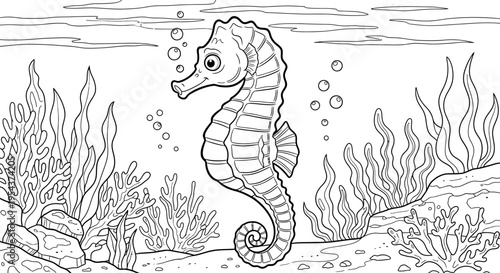 A black and white illustration of a seahorse swimming underwater surrounded by seaweed and bubbles