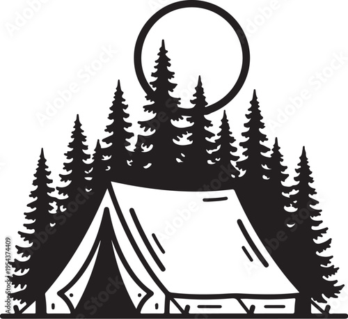 Vector illustration of camping tent under moonlight in forest