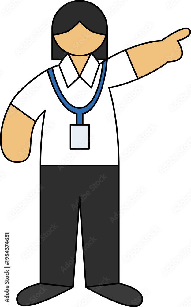 Fototapeta premium Woman employee with short hair wearing ID lanyard and uniform pointing finger direction