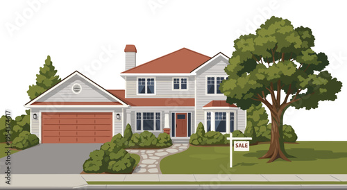 Charming Suburban House For Sale Vector Illustration with Green Tree and Driveway