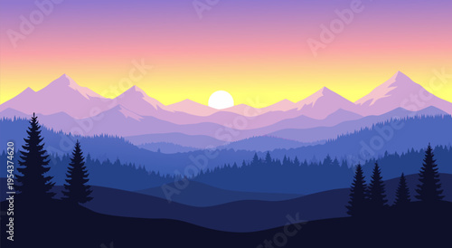 Vector illustration of a breathtaking mountain landscape at sunset with layers of purple and blue hills, a vibrant sun, and silhouetted pine trees