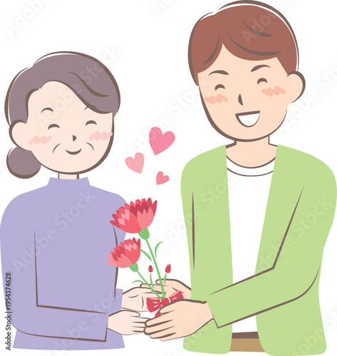 母の日にカーネーションの花束を渡す男性
