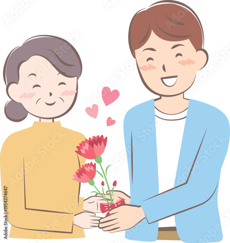 母の日にカーネーションの花束を渡す男性
