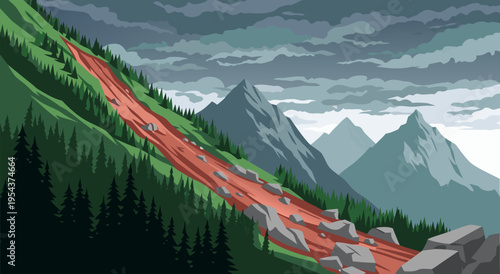 Dramatic Vector Illustration of a Mudslide Flowing Down a Steep Mountain Slope with Dramatic Clouds