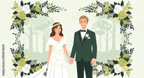 Vector illustration of a happy wedding couple holding hands under a floral archway, celebrating their special day in a romantic outdoor setting