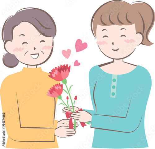 母の日にカーネーションの花束を渡す女性　