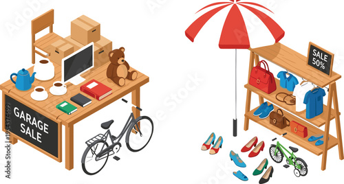 Garage Sale and Street Market Vector Illustration Featuring Tables with Second Hand Items, Clothes, Shoes, Bicycle, and Accessories for Retail and Thrift Design