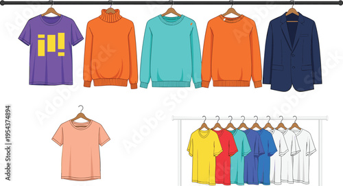 Clothing Rack and Apparel Collection Vector Illustration Featuring T Shirts, Sweaters, Jacket, and Hanging Garments in Fashion Retail Display Design