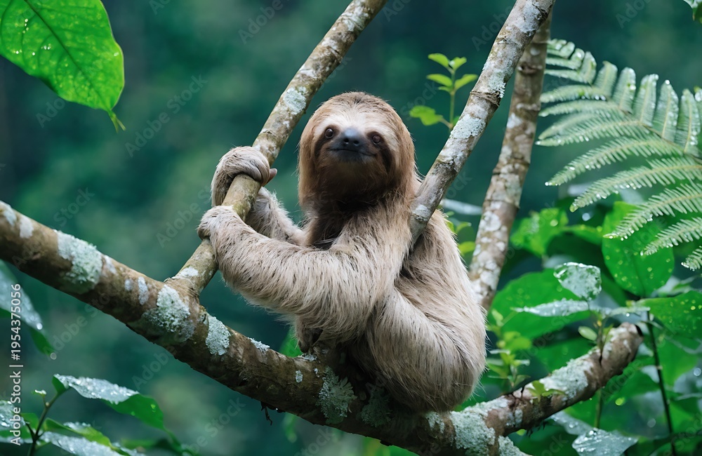 Obraz premium Sloth hanging on tree branch in rainforest with green leaves high resolution photo