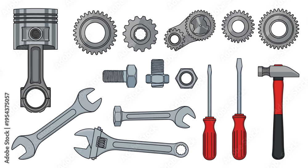 Fototapeta premium Mechanical Parts and Tools: Piston, Gears, Wrenches, Screwdrivers, Hammer, Bolts