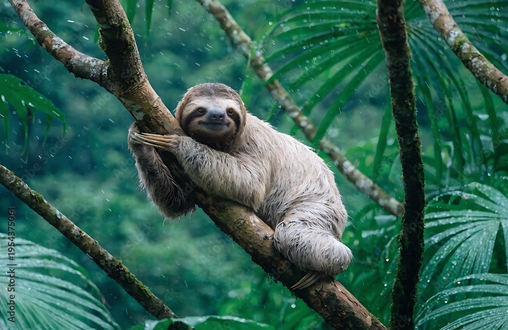 Obraz premium Sloth hanging on tree branch in rainforest, tropical wildlife scene high resolution photo