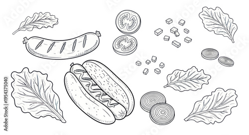Hand-drawn Hot Dog Ingredients: Sausage, Bun, Tomato, Onion, Lettuce