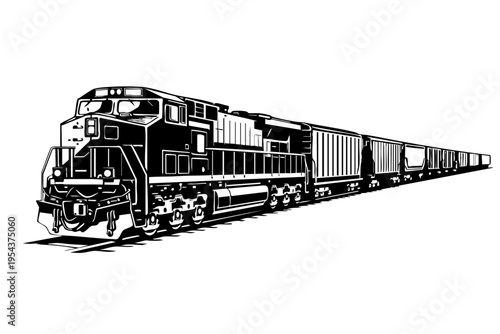 Solid black and white vector illustration of a freight locomotive pulling multiple cargo