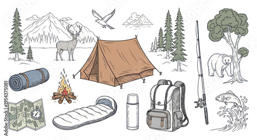 Outdoor Adventure Camping Gear Set: Tent, Backpack, Sleeping Bag, Fishing Rod