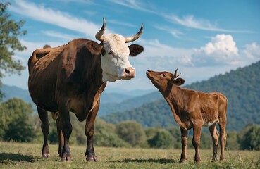 Brown cow and calf standing together in green field high resolution photo