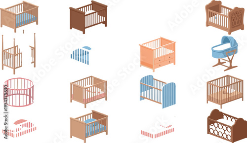 Baby Crib and Nursery Furniture Vector Set with Wooden Beds, Bassinet, and Infant Sleeping Equipment for Childcare, Parenting, and Interior Design Illustration