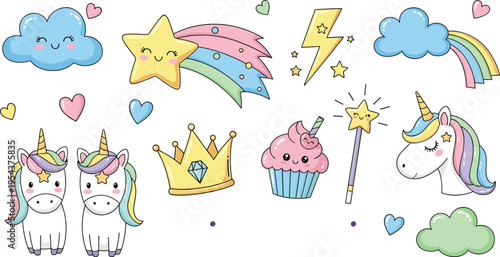 Cute Unicorn and Magic Elements Vector Set with Rainbow, Stars, Clouds, Cupcake, and Fantasy Characters in Pastel Cartoon Style for Kids Design
