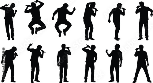Dynamic black silhouette vector illustration of performers holding microphones in expressive singing poses, energetic stances, concert performance, music entertainment design