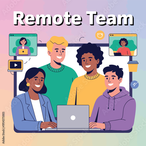 Remote team working together on laptop with video calls on screens around them
