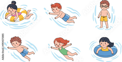 Children Swimming Vector Set with Kids in Pool, Floating Ring, and Water Activities in Cute Cartoon Style for Summer Vacation and Recreation Designs