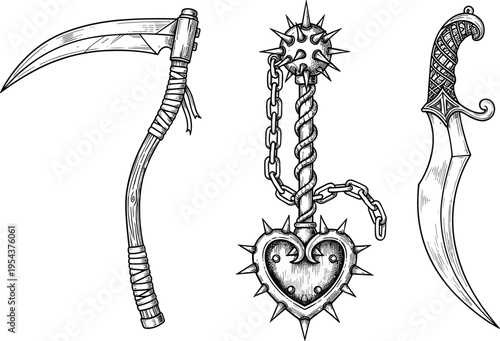 Hand-drawn vector illustration of three fantasy weapons including scythe, spiked flail, and ornate dagger, gothic medieval design, imaginative art set