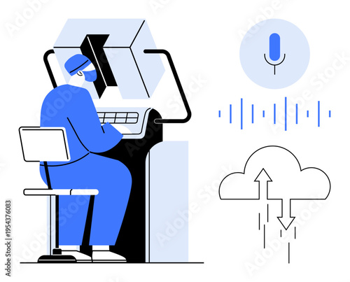 Voice recognition technology. A user interacts with advanced voice recognition tools soundwave patterns and cloud storage connectivity. Voice recognition revolutionizing technology, cloud computing