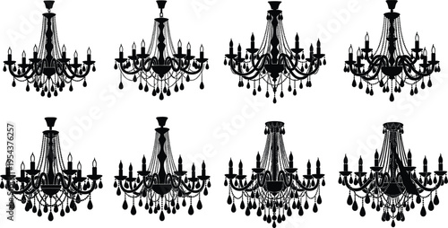 Luxury Elegant black chandelier silhouettes set vintage baroque crystal hanging lamps collection decorative lighting illustration isolated on white background for interior design