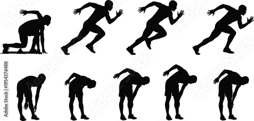 Set of athlete running and stretching silhouettes in dynamic poses sports training vector illustration isolated on light background for fitness design