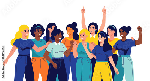 Diverse group of women standing together, celebrating unity and empowerment