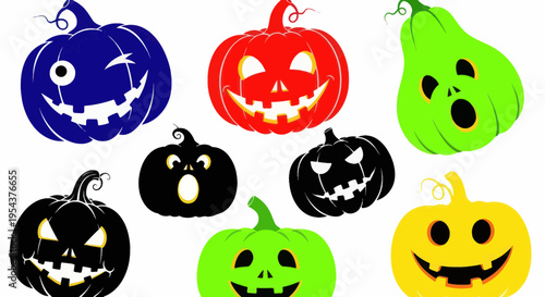 Colorful Halloween Pumpkins with Carved Faces