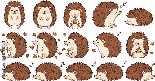 Cute Hedgehog Cartoon Set with Sleeping, Walking, and Playing Characters, Autumn Leaves Elements, and Adorable Woodland Animal Illustrations for Kids