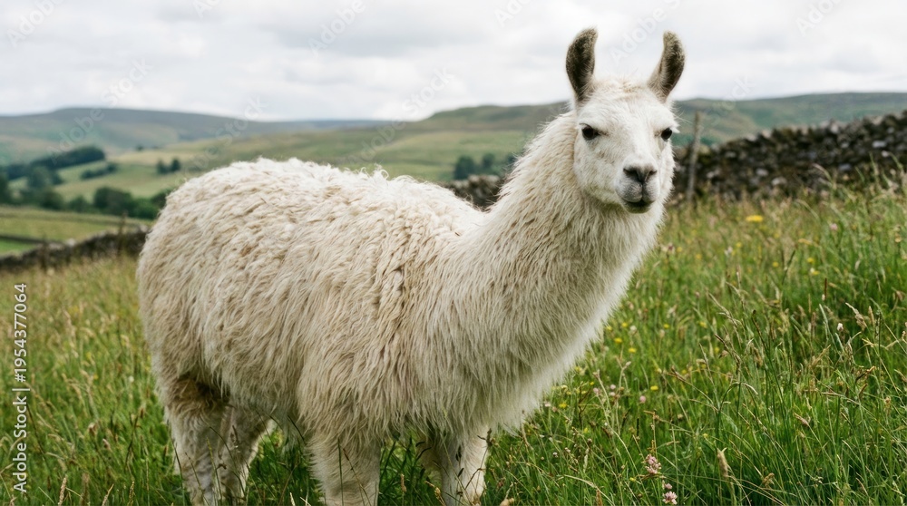 Fototapeta premium White llama in green grass field.
