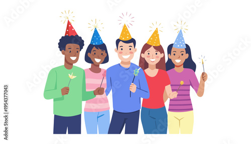A colorful illustration of friends celebrating a birthday together happily