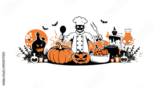 A chef in a Halloween costume cooking with pumpkins and spooky decorations
