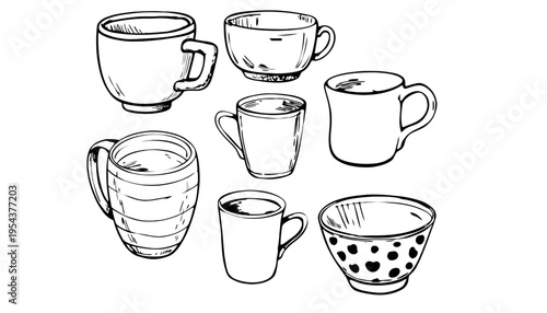 A set of coffee cup vector illustrations in a simple line style