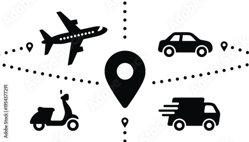 Transportation icon set with various modes of travel and location pin