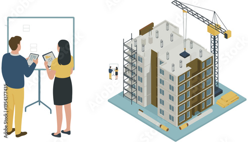 A businessman and woman planning a construction project with a building illustration