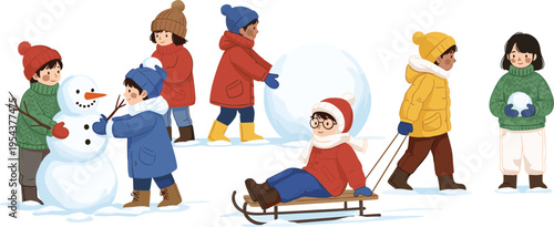 Children Playing in Snow Scene with Kids Building Snowman, Sledding, Rolling Snowball, and Winter Outdoor Activities Cartoon Illustration