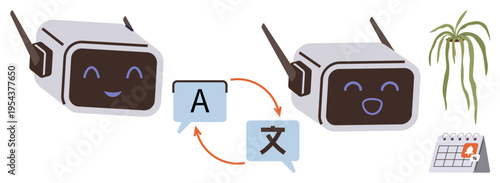 Artificial intelligence, language translation, multilingual communication, tech interaction, global connectivity, futuristic tools. Two smiling robots with translation icons and arrows. Artificial