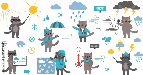 Cute Cat Weather Characters Set with Seasonal Forecast Elements, Cartoon Kittens Showing Rain, Snow, Sun, Wind, Storm, and Temperature Illustrations