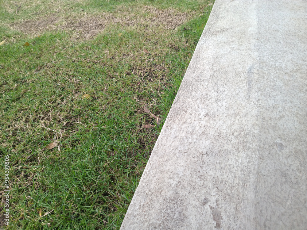 Fototapeta premium Grass lawn beside light gray concrete sidewalk with a clean diagonal edge simple outdoor ground texture background with copy space.