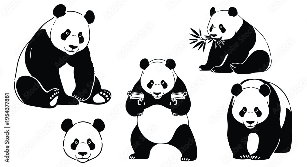 Obraz premium Black and white panda bear character set featuring various poses eating bamboo holding guns and face icons isolated on white.