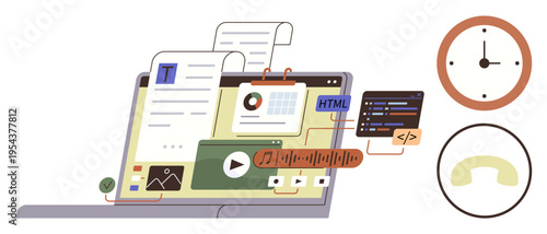 Web development, content creation, online learning, digital productivity, teamwork tools, multimedia. Open laptop with coding, multimedia icons and a clock. Web development and content creation